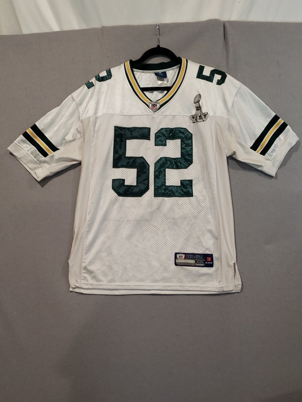 Reebok White and Dark Green #52 Football Jersey with Yellow Trim